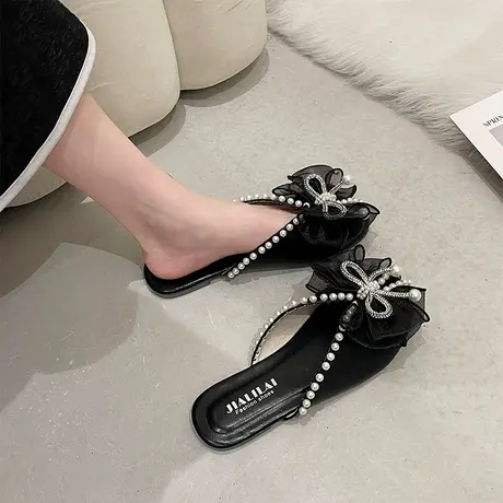 包头半拖鞋女夏外穿平底2024年新款韩版百搭小清新蝴蝶结软底凉拖商品大图