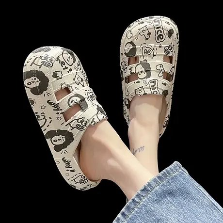 洞洞鞋女夏季可爱卡通涂鸦踩屎感厚底凉鞋沙滩防滑外穿包头半拖鞋图片