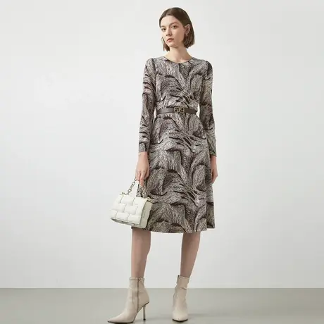 LANCY/朗姿羊毛冬季新款圆领商务通勤修身连衣裙女印花圆领奥莱图片
