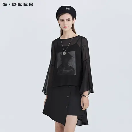 sdeer圣迪奥女装夏时尚印花吊带两件套长袖衬衫S21280508图片
