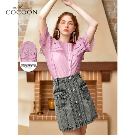 miss COCOON法式短袖衬衫女夏2023新款设计感小众海军领粉色上衣商品大图