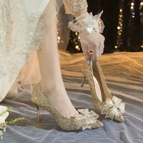 法式主婚纱婚鞋新娘鞋2024新闪亮水钻年会礼服伴娘鞋蝴蝶结单鞋女商品大图