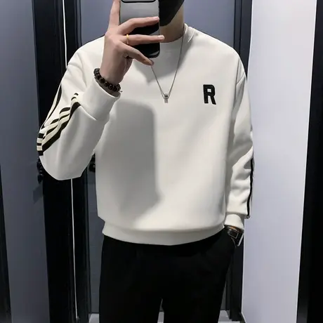 秋冬2023新款字母刺绣简约设计感条纹卫衣男重磅加厚潮牌打底上衣商品大图