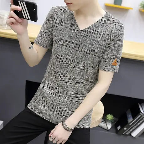 短袖T恤男加肥加大码韩版修身男装潮流时尚针织小衫V领2024半袖潮商品大图