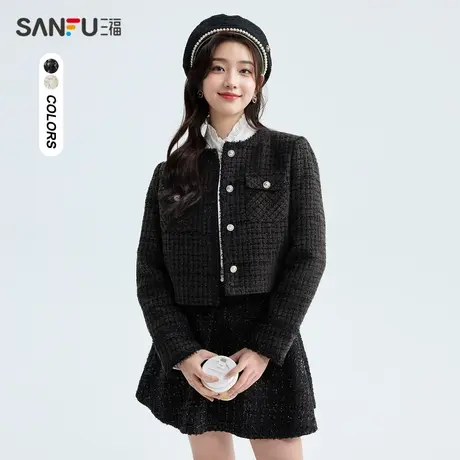三福小香风外套女春秋款2024设计感毛边圆领小个子上衣女装480286商品大图