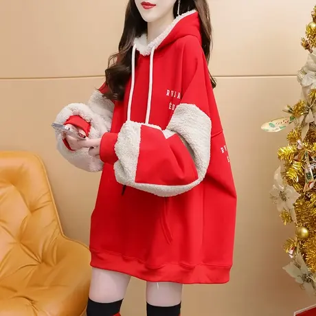 韩版慵懒风中长款加绒连帽卫衣女2024早春季新款时尚洋气减龄上衣图片
