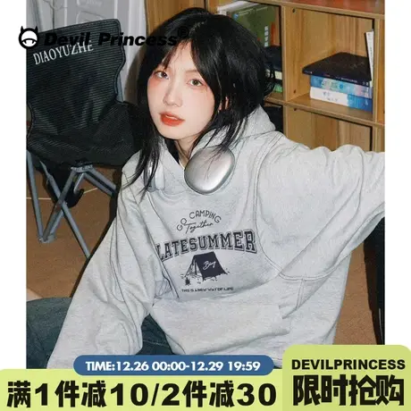 vintage学院风通勤灰色连帽卫衣女2024新款加绒款小个子上衣ins潮图片