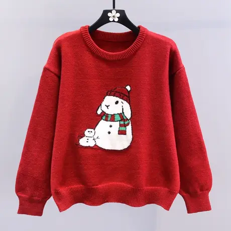 卡通雪人新年红色毛衣女冬季2023新款时尚宽松慵懒风针织打底衫商品大图