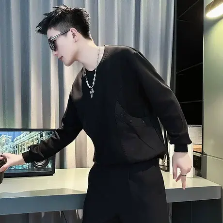 秋季男士卫衣外套圆领套头长袖潮流休闲运动口袋装饰T恤潮牌体恤商品大图