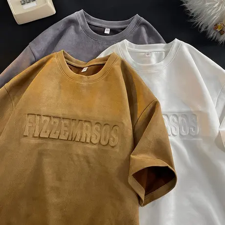 短袖t恤男夏季美式复古高街半袖潮牌男装上衣港风宽松麂皮绒体恤商品大图