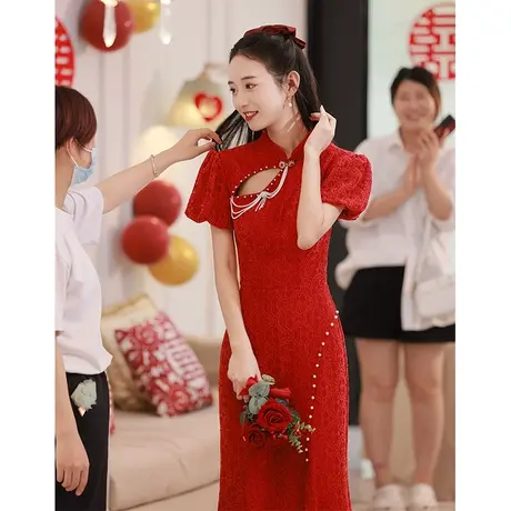 中式订婚旗袍敬酒服新娘女夏季小个子改良年轻款高级感气质连衣裙图片