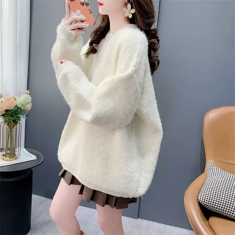 宽松慵懒风圆领毛衣女加厚2023新款秋冬时尚洋气减龄百搭打底上衣商品大图