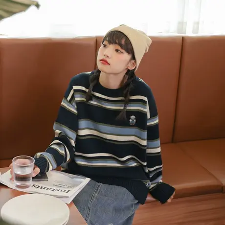 尔给韩式温柔慵懒风高级感超好看条纹毛衣女秋冬设计感小众针织衫商品大图