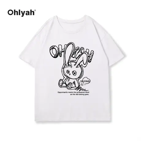 Ohlyah春夏新款呆坐小兔子印花纯棉潮牌大码短袖t恤男女情侣上衣图片