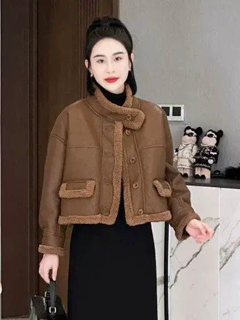 皮毛一体仿羊羔绒外套女欧洲站2024冬新款欧货加厚复古机车服皮草商品大图