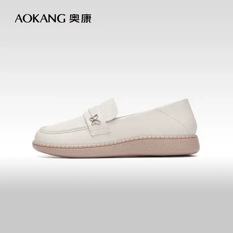 【门店发货】奥康女鞋 2024春季新款真皮软底舒适休闲单鞋豆豆鞋商品大图
