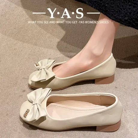 复古平底蝴蝶结单鞋女2024春季新款软皮软底方头浅口瓢鞋奶奶鞋子商品大图