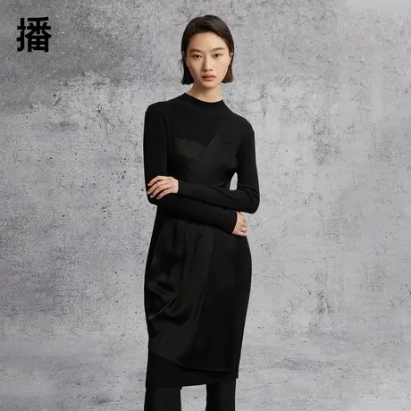 播2023秋商场同款不对称设计异材质拼接腰带连衣裙女BDQ1LD0641图片