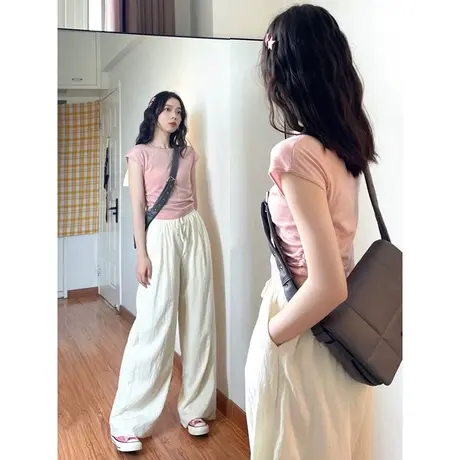 粉色正肩短袖t恤女夏季ins潮小飞袖别致设计感修身高腰短款上衣服商品大图