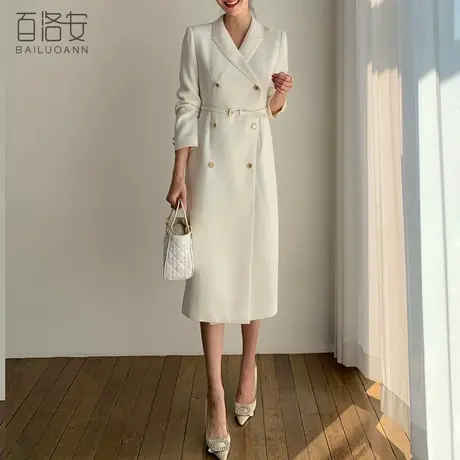 百洛安气质优雅西装连衣裙女2024春季款时尚双排扣系带长袖中长裙图片