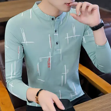 秋装2022潮流新款长袖男t恤 潮牌V领纯棉韩版秋衣长袖立领上衣服商品大图