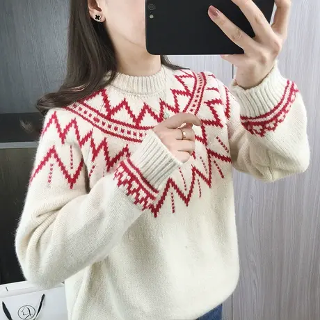 春装2024新款圆领套头毛衣女士秋冬慵懒风外穿宽松针织衫减龄上衣图片