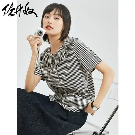 佐丹奴衬衫女装格纹梭织荷叶领短袖薄休闲衬衫 18343909商品大图