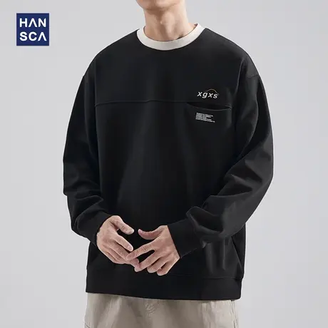 hansca圆领重磅卫衣男秋季日系潮牌假两件休闲复古痞帅外套上衣男商品大图