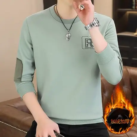 男士加绒加厚卫衣2024新款加大码长袖T恤学生青少年打底小衫体恤图片