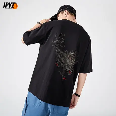 国潮麒麟刺绣2023夏新男装宽松休闲体恤潮牌重磅纯棉男士短袖t恤商品大图