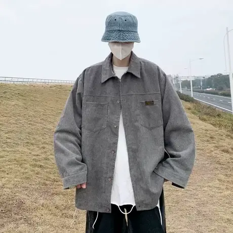 美式复古灰色灯芯绒衬衫男款春秋季韩系风格穿搭潮牌长袖衬衣外套商品大图