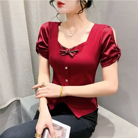 时尚方领镂空T恤女短袖欧货女装露肩蝴蝶结上衣修身堆堆袖打底衫商品大图