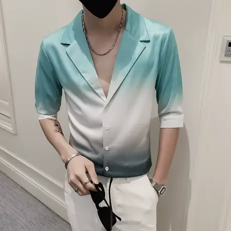 网红潮牌七分袖衬衣男士个性渐变拼色痞帅上衣发型师夏季短袖衬衫商品大图