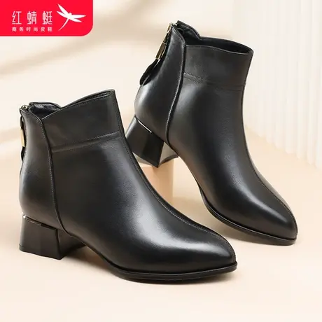红蜻蜓女靴冬季加绒保暖粗跟后拉链短筒靴女士百搭休闲中跟时装靴商品大图
