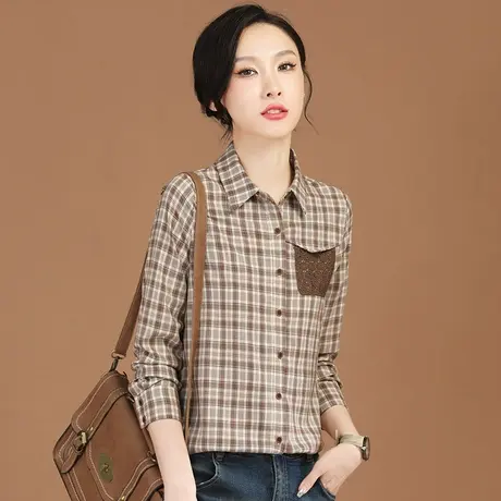 韩潮袭人复古勾花口袋格子衬衫女2023秋装新款设计感上衣长袖衬衣商品大图
