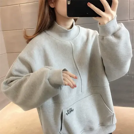 半高领卫衣纯色简约风加绒加厚百搭韩版气质2023秋季新款学生长袖商品大图