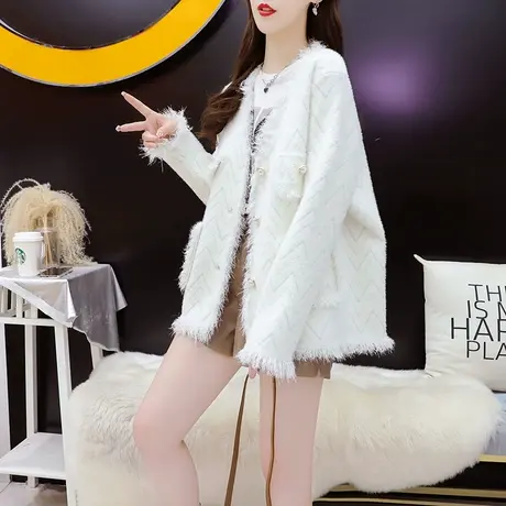 减10】小香风针织开衫女2023新款早秋季宽松短款仿水貂绒毛衣外套图片