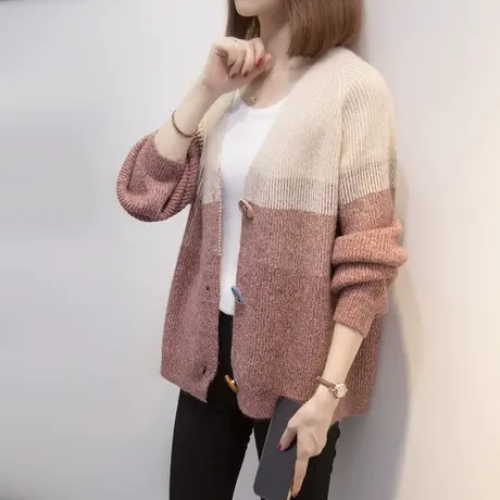 v领花纱针织开衫女2023秋装新款韩版宽松外搭上衣外穿毛衣外套潮商品大图