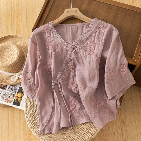 享永子五分袖刺绣苎麻上衣女文艺复古气质高级感棉麻小衫2023新款商品大图