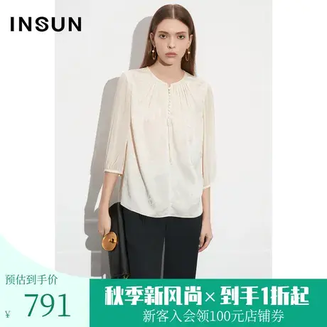 [新国风]恩裳COVER2023夏款新款竹叶醋酸提花拼接真丝雪纺袖衬衫商品大图