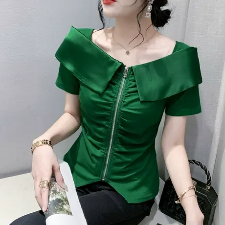 欧货个性拉链T恤女短袖性感一字领小衫设计感开叉收腰修身上衣夏商品大图