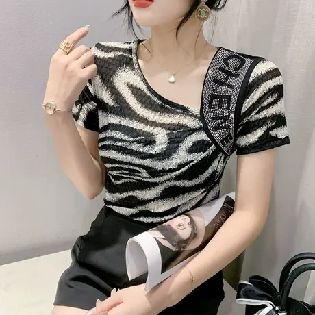 欧货性感斜领T恤女短袖时尚斑马纹印花小衫气质网纱小衫修身半袖商品大图