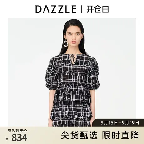 DAZZLE地素奥莱 夏季法式泡泡袖格纹连衣裙蛋糕裙女图片