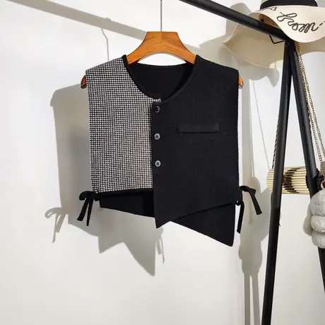 不规则针织马甲背心女春秋新款韩版两侧绑带无袖坎肩短款上衣外搭商品大图