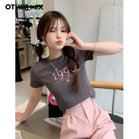 Othermix字母印花短款T恤女2023夏季新款韩版短袖圆领修身棉上衣图片