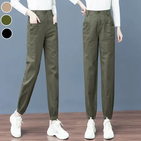 束脚工装裤女显瘦高腰哈伦裤2023春秋宽松直筒夏季运动休闲长裤子图片