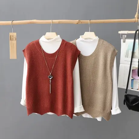 文艺范纯色圆领针织马甲女背心宽松大码套头无袖毛衣叠穿马夹坎肩商品大图