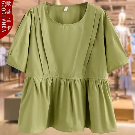 加肥加大码中年妈妈夏装T恤宽松时尚百搭休闲褶皱减龄娃娃衫上衣商品大图