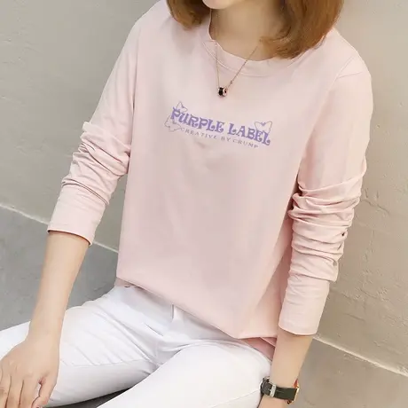 春装长袖t恤女内搭打底衫2023新款纯棉百搭宽松大码胖MM圆领上衣图片