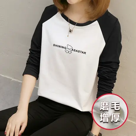 插肩袖t恤女大码宽松打底衫2022年秋冬新款磨毛加厚纯棉长袖上衣商品大图